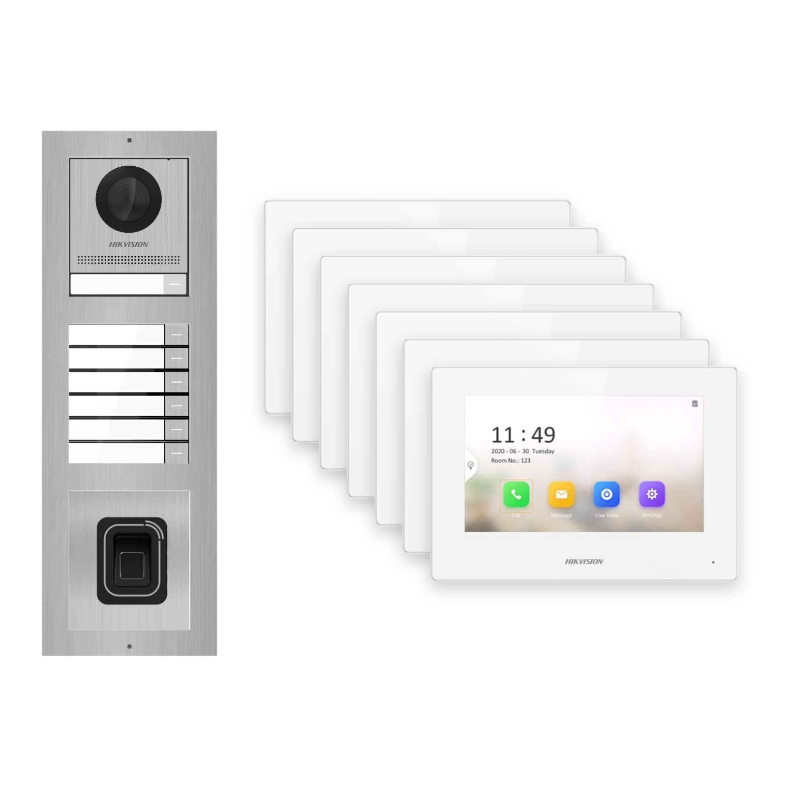 Hikvision 2-Draht-IP Video-Türsprechanlage 7-Familienhaus – Komplett-Set mit Fingerprint, Monitor weiss – Türstation und Innenstation