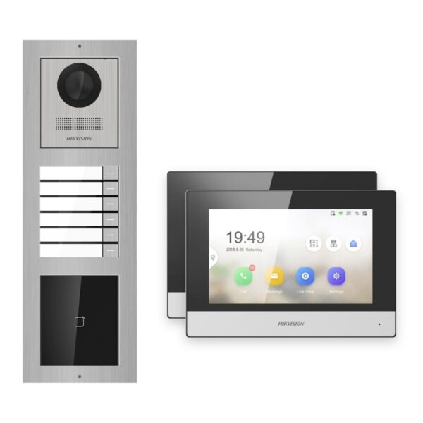 Hikvision 2-Draht-IP Video-Türsprechanlage 2-Familienhaus – Komplett-Set mit Kartenleser, Monitor schwarz – Türstation und Innenstation