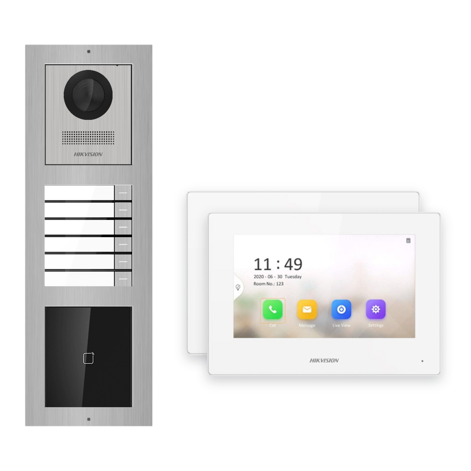 Hikvision 2-Draht-IP Video-Türsprechanlage 2-Familienhaus – Komplett-Set mit Kartenleser, Monitor weiss – Türstation und Innenstation