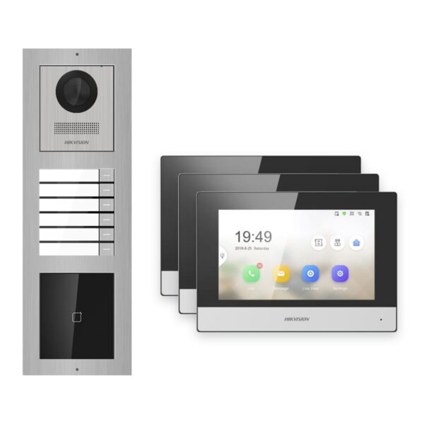 Hikvision 2-Draht-IP Video-Türsprechanlage 3-Familienhaus – Komplett-Set mit Kartenleser, Monitor schwarz – Türstation und Innenstation
