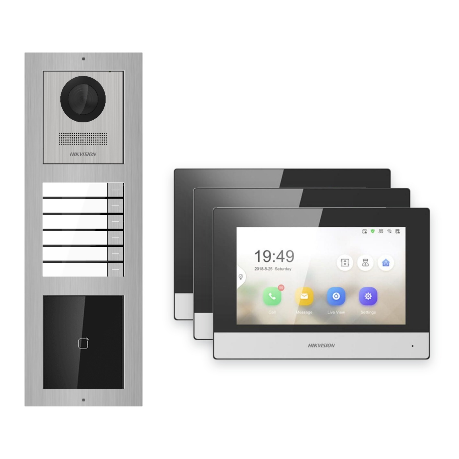 Hikvision 2-Draht-IP Video-Türsprechanlage 3-Familienhaus – Komplett-Set mit Kartenleser, Monitor schwarz – Türstation und Innenstation