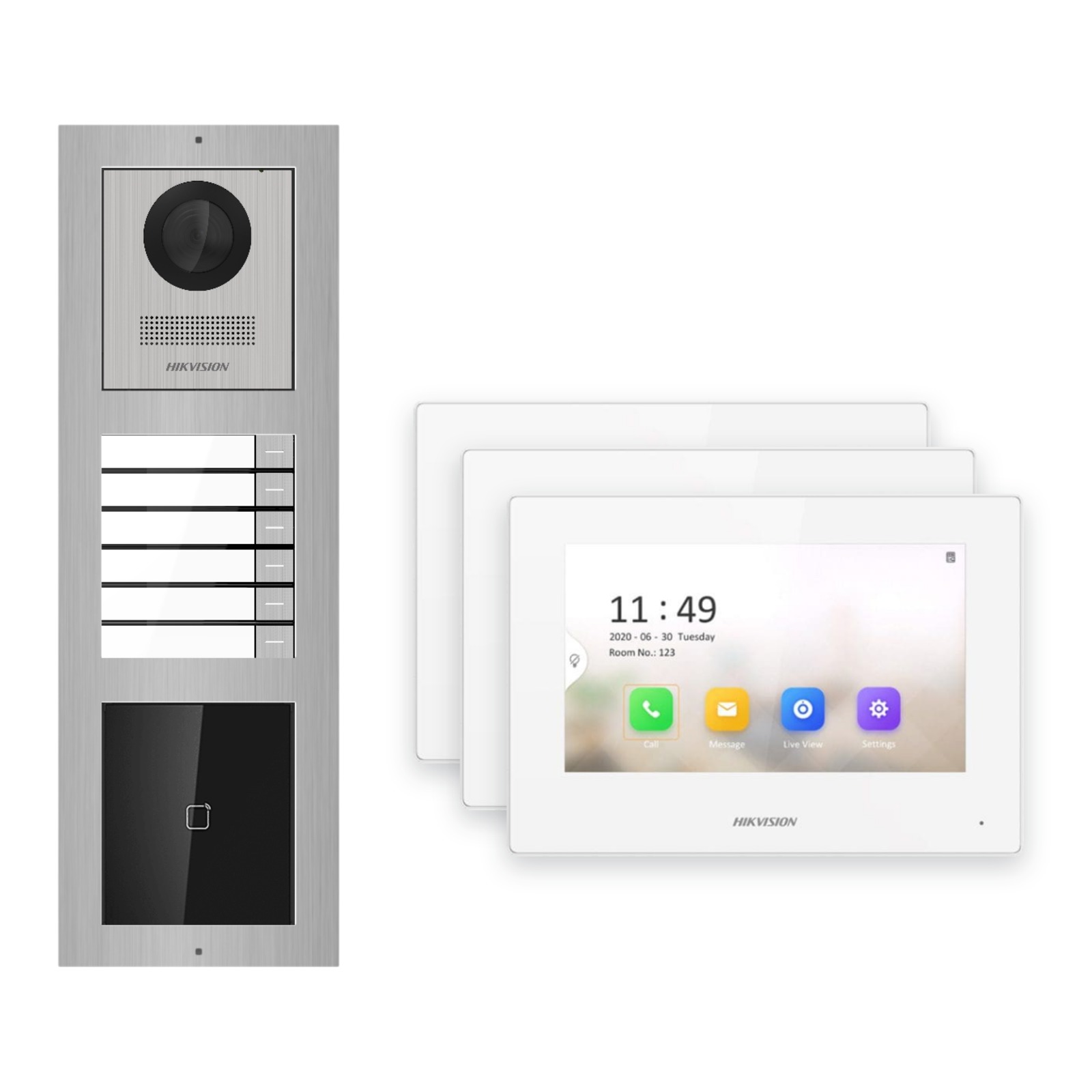 Hikvision 2-Draht-IP Video-Türsprechanlage 3-Familienhaus – Komplett-Set mit Kartenleser, Monitor weiss – Türstation und Innenstation