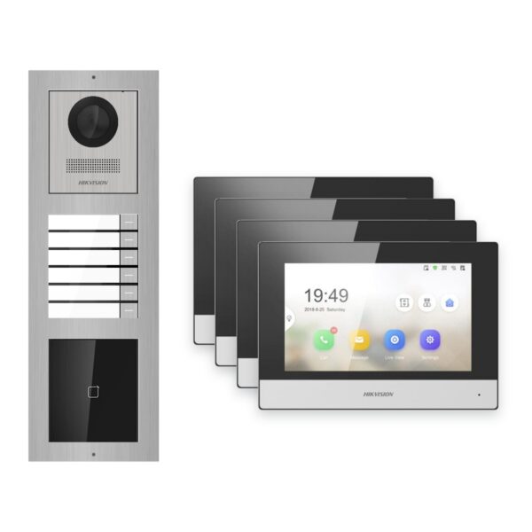 Hikvision 2-Draht-IP Video-Türsprechanlage 4-Familienhaus – Komplett-Set mit Kartenleser, Monitor schwarz – Türstation und Innenstation