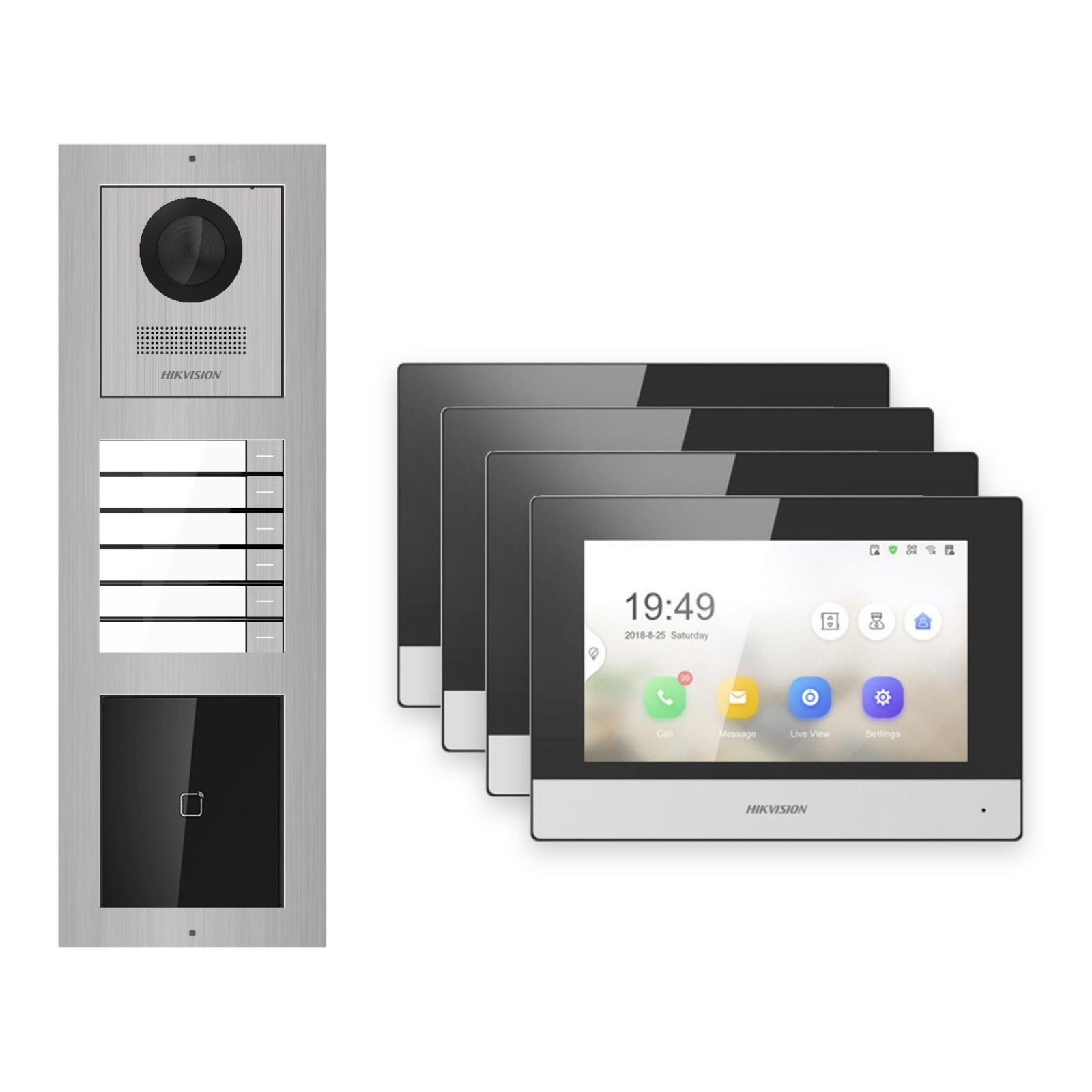 Hikvision 2-Draht-IP Video-Türsprechanlage 4-Familienhaus – Komplett-Set mit Kartenleser, Monitor schwarz – Türstation und Innenstation