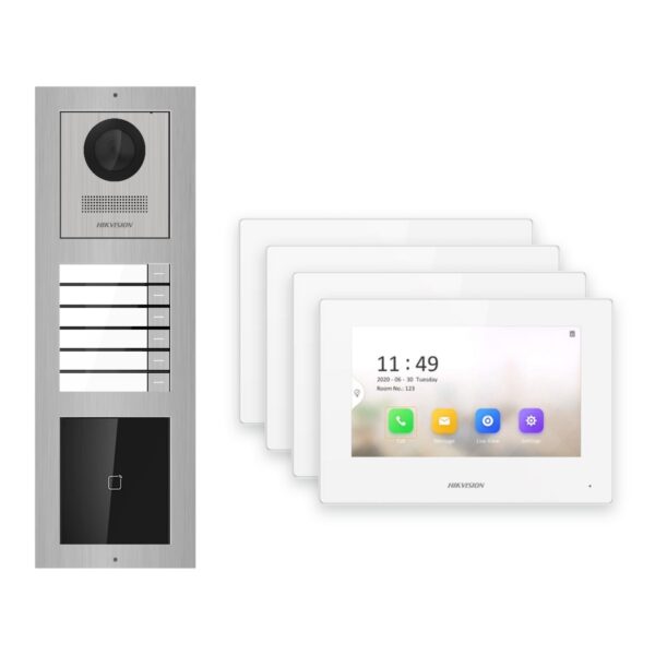 Hikvision 2-Draht-IP Video-Türsprechanlage 4-Familienhaus – Komplett-Set mit Kartenleser, Monitor weiss – Türstation und Innenstation
