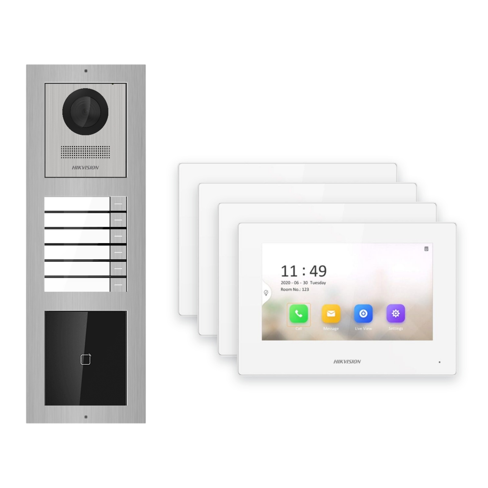 Hikvision 2-Draht-IP Video-Türsprechanlage 4-Familienhaus – Komplett-Set mit Kartenleser, Monitor weiss – Türstation und Innenstation