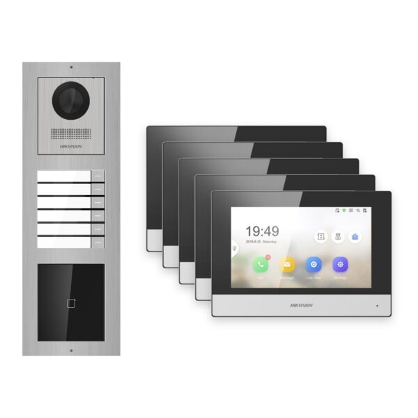 Hikvision 2-Draht-IP Video-Türsprechanlage 5-Familienhaus – Komplett-Set mit Kartenleser, Monitor schwarz – Türstation und Innenstation