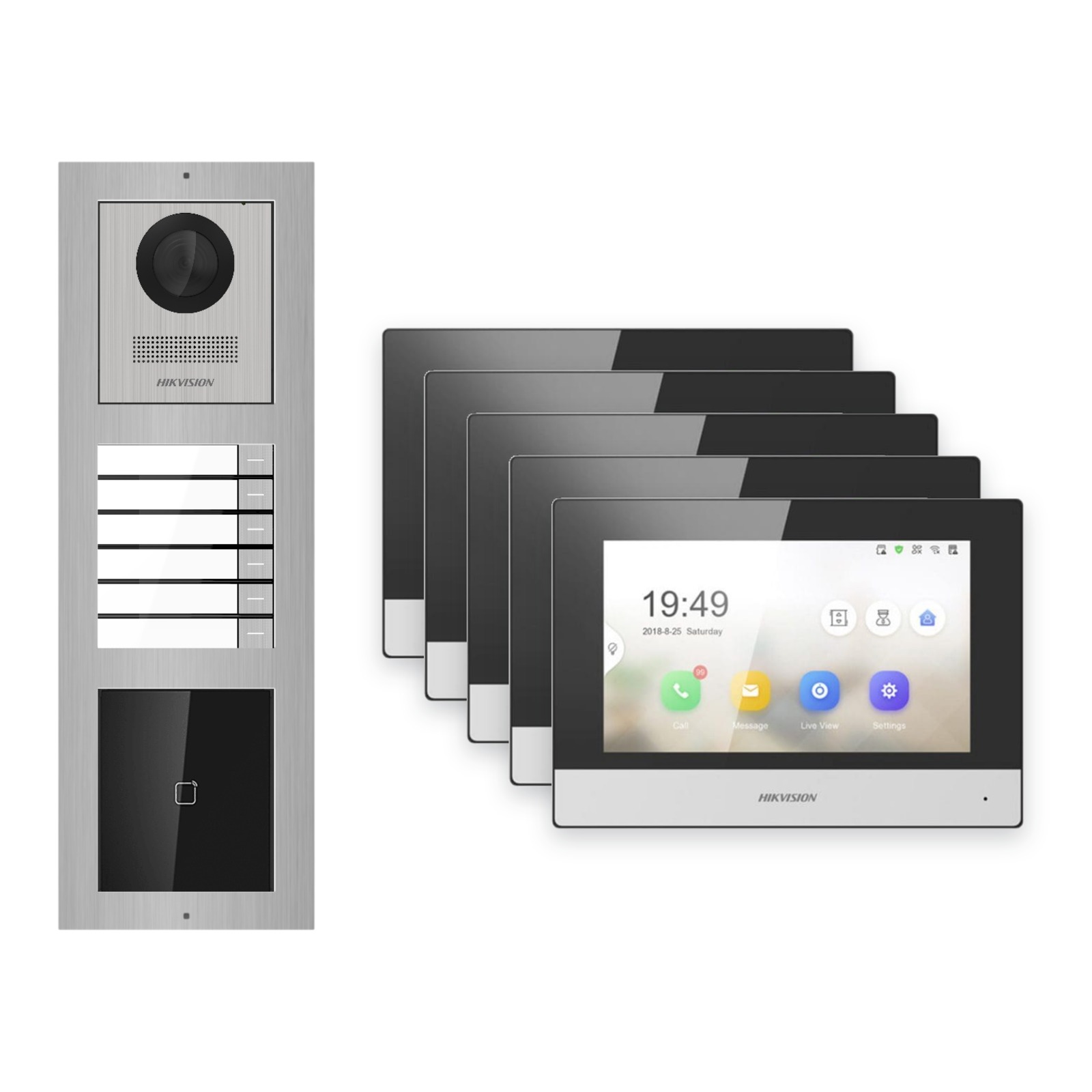Hikvision 2-Draht-IP Video-Türsprechanlage 5-Familienhaus – Komplett-Set mit Kartenleser, Monitor schwarz – Türstation und Innenstation