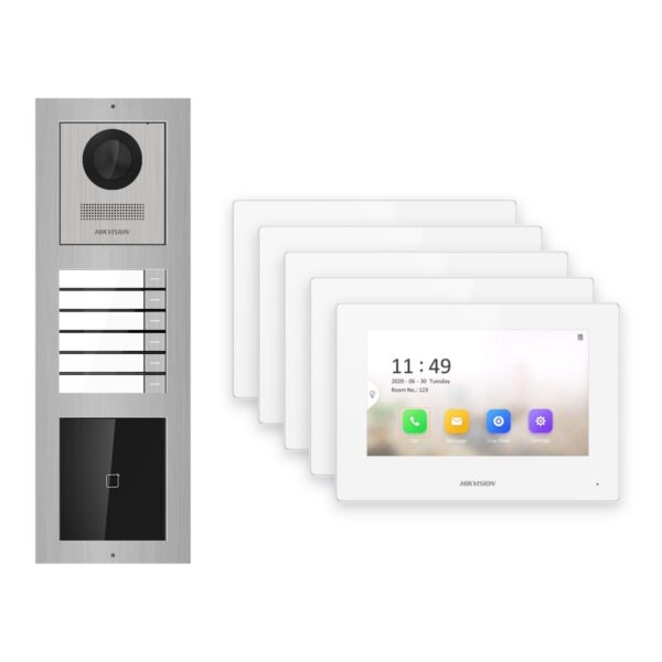 Hikvision 2-Draht-IP Video-Türsprechanlage 5-Familienhaus – Komplett-Set mit Kartenleser, Monitor weiss – Türstation und Innenstation