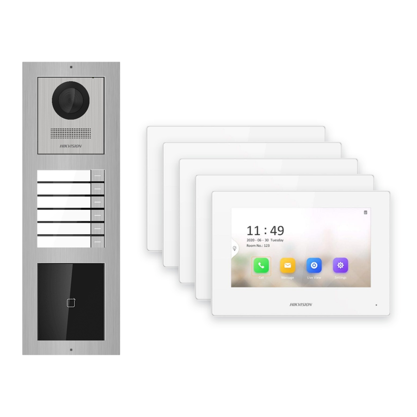 Hikvision 2-Draht-IP Video-Türsprechanlage 5-Familienhaus – Komplett-Set mit Kartenleser, Monitor weiss – Türstation und Innenstation