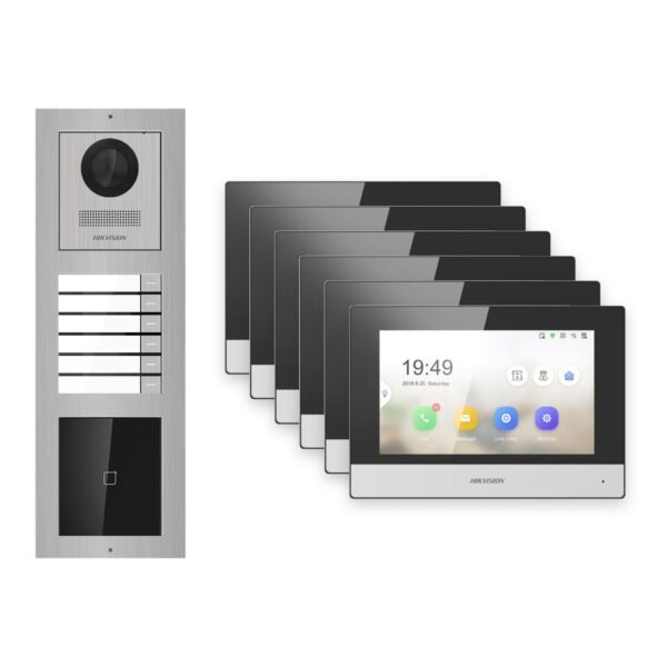 Hikvision 2-Draht-IP Video-Türsprechanlage 6-Familienhaus – Komplett-Set mit Kartenleser, Monitor schwarz – Türstation und Innenstation