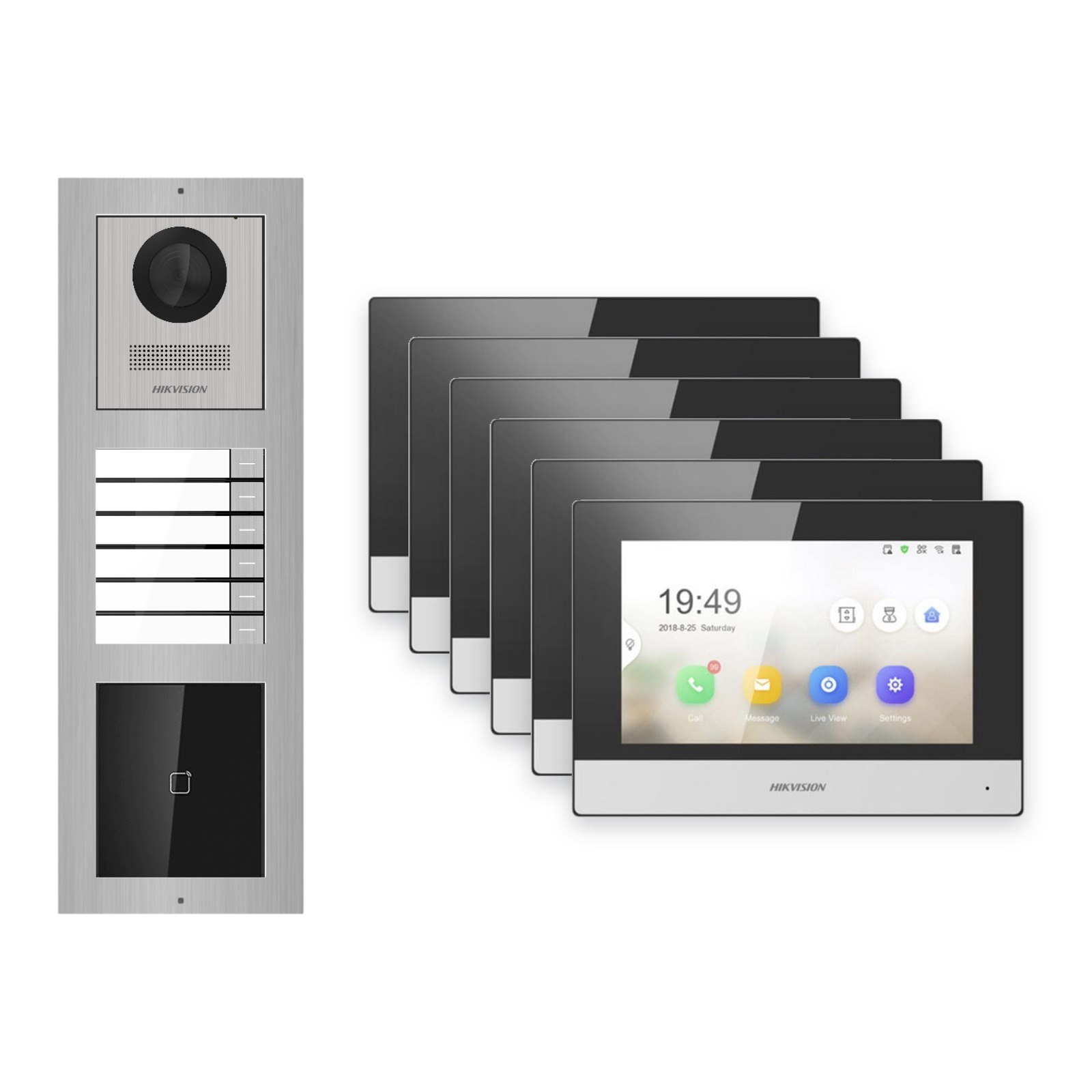 Hikvision 2-Draht-IP Video-Türsprechanlage 6-Familienhaus – Komplett-Set mit Kartenleser, Monitor schwarz – Türstation und Innenstation