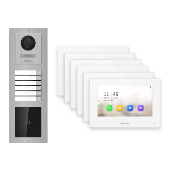 Hikvision 2-Draht-IP Video-Türsprechanlage 6-Familienhaus – Komplett-Set mit Kartenleser, Monitor weiss – Türstation und Innenstation