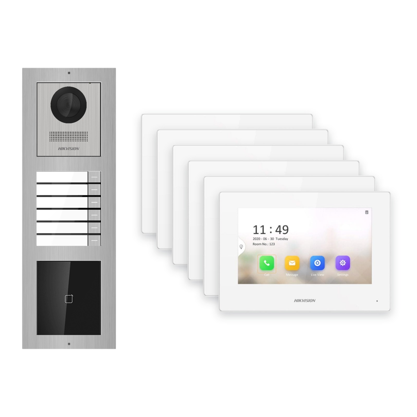 Hikvision 2-Draht-IP Video-Türsprechanlage 6-Familienhaus – Komplett-Set mit Kartenleser, Monitor weiss – Türstation und Innenstation