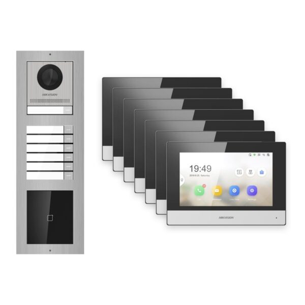 Hikvision 2-Draht-IP Video-Türsprechanlage 7-Familienhaus – Komplett-Set mit Kartenleser, Monitor schwarz – Türstation und Innenstation