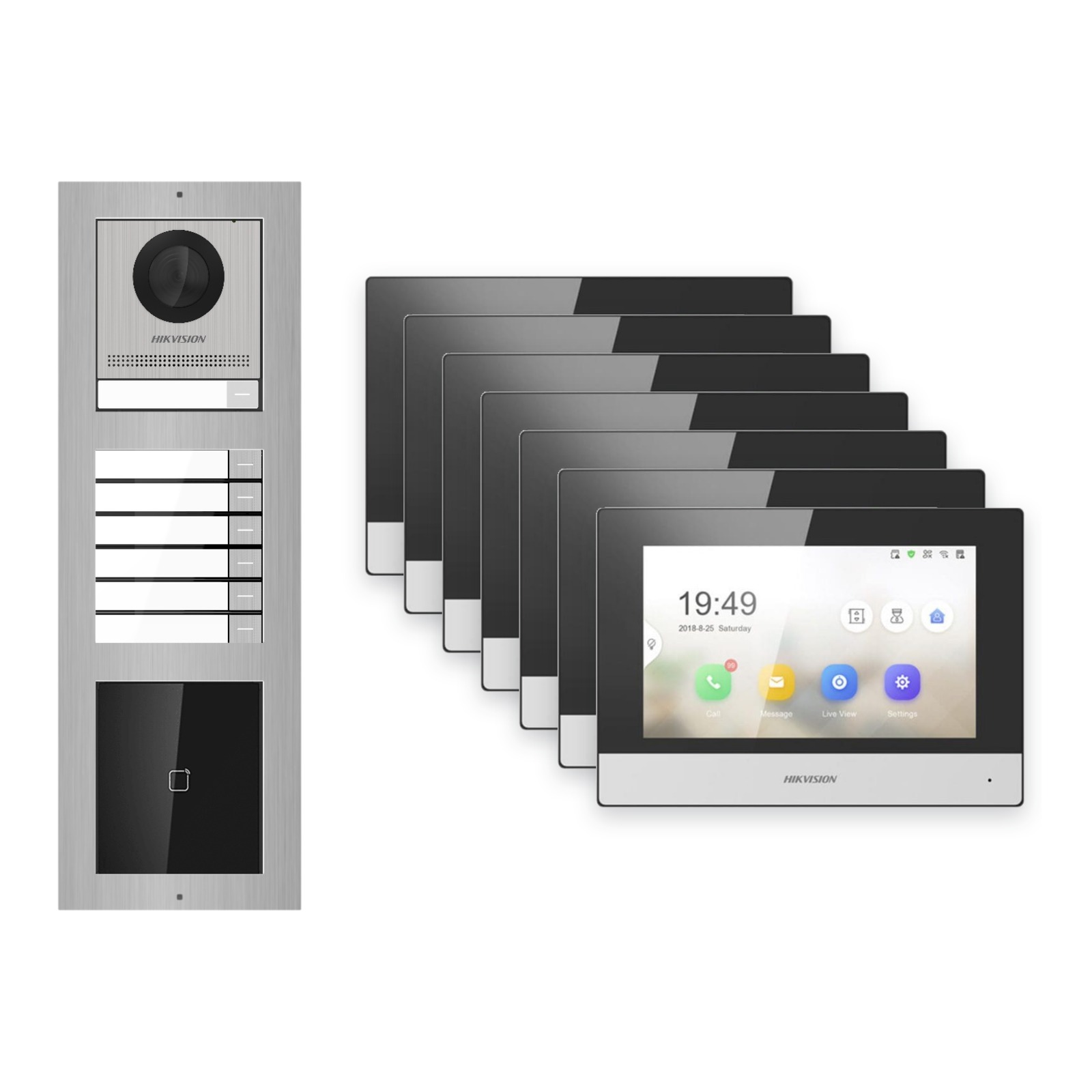 Hikvision 2-Draht-IP Video-Türsprechanlage 7-Familienhaus – Komplett-Set mit Kartenleser, Monitor schwarz – Türstation und Innenstation