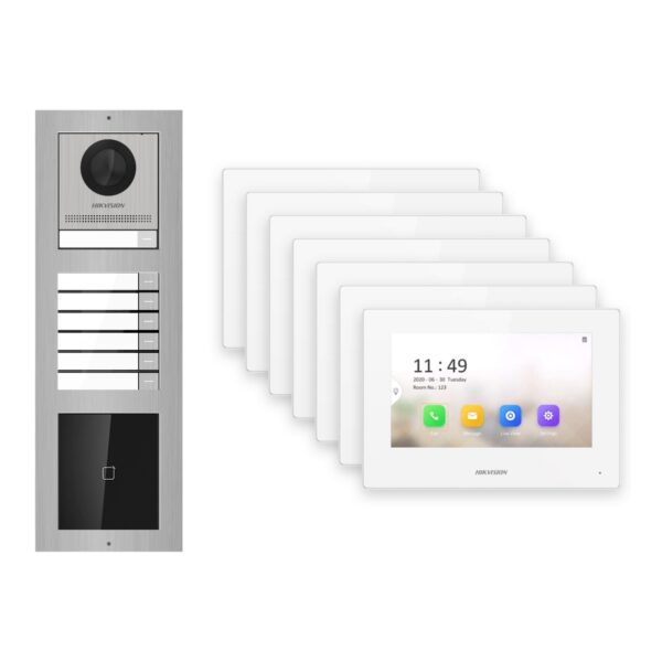 Hikvision 2-Draht-IP Video-Türsprechanlage 7-Familienhaus – Komplett-Set mit Kartenleser, Monitor weiss – Türstation und Innenstation