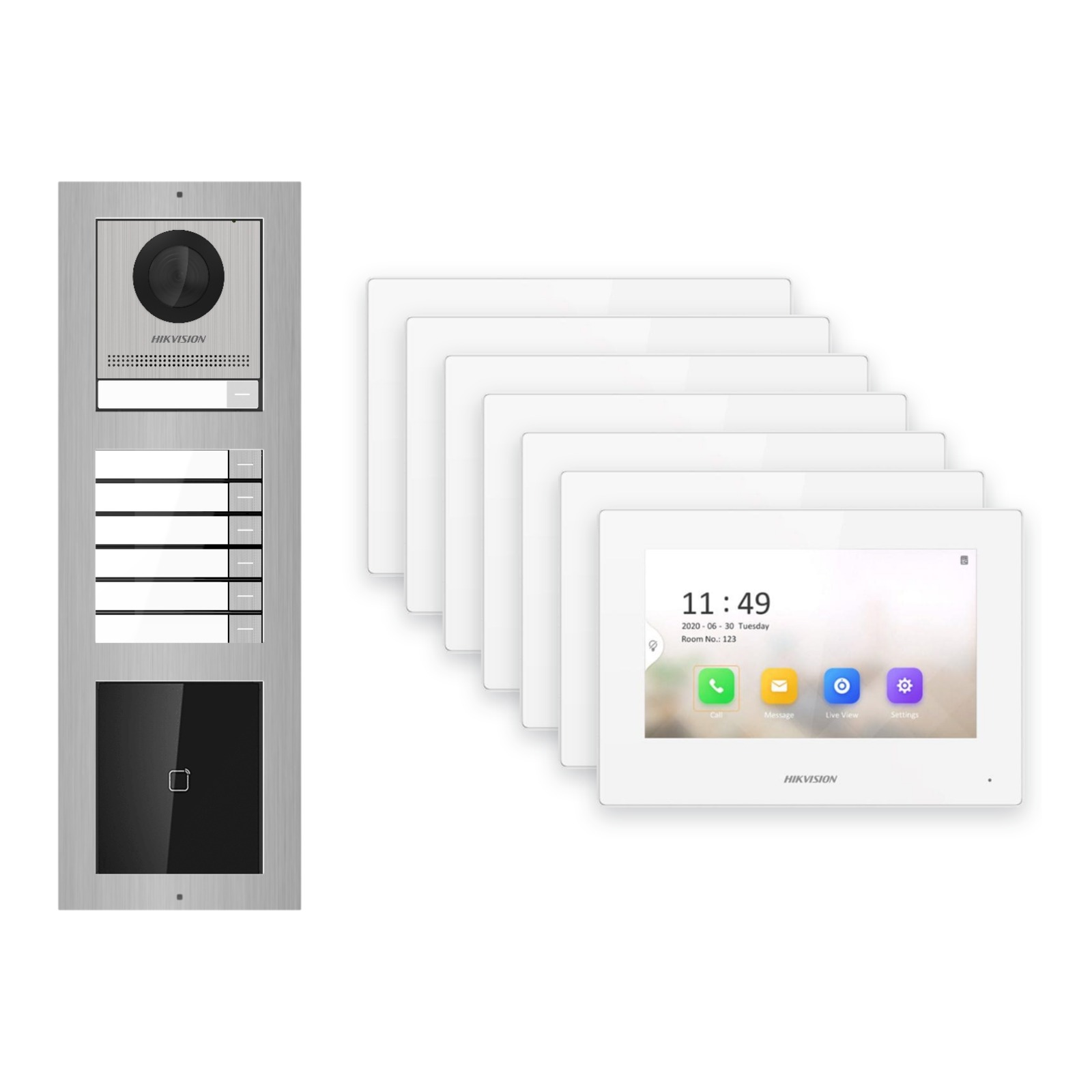 Hikvision 2-Draht-IP Video-Türsprechanlage 7-Familienhaus – Komplett-Set mit Kartenleser, Monitor weiss – Türstation und Innenstation