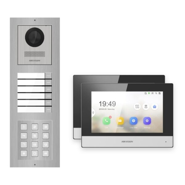 Hikvision 2-Draht-IP Video-Türsprechanlage 2-Familienhaus – Komplett-Set mit Zahlencode, Monitor schwarz – Türstation und Innenstation