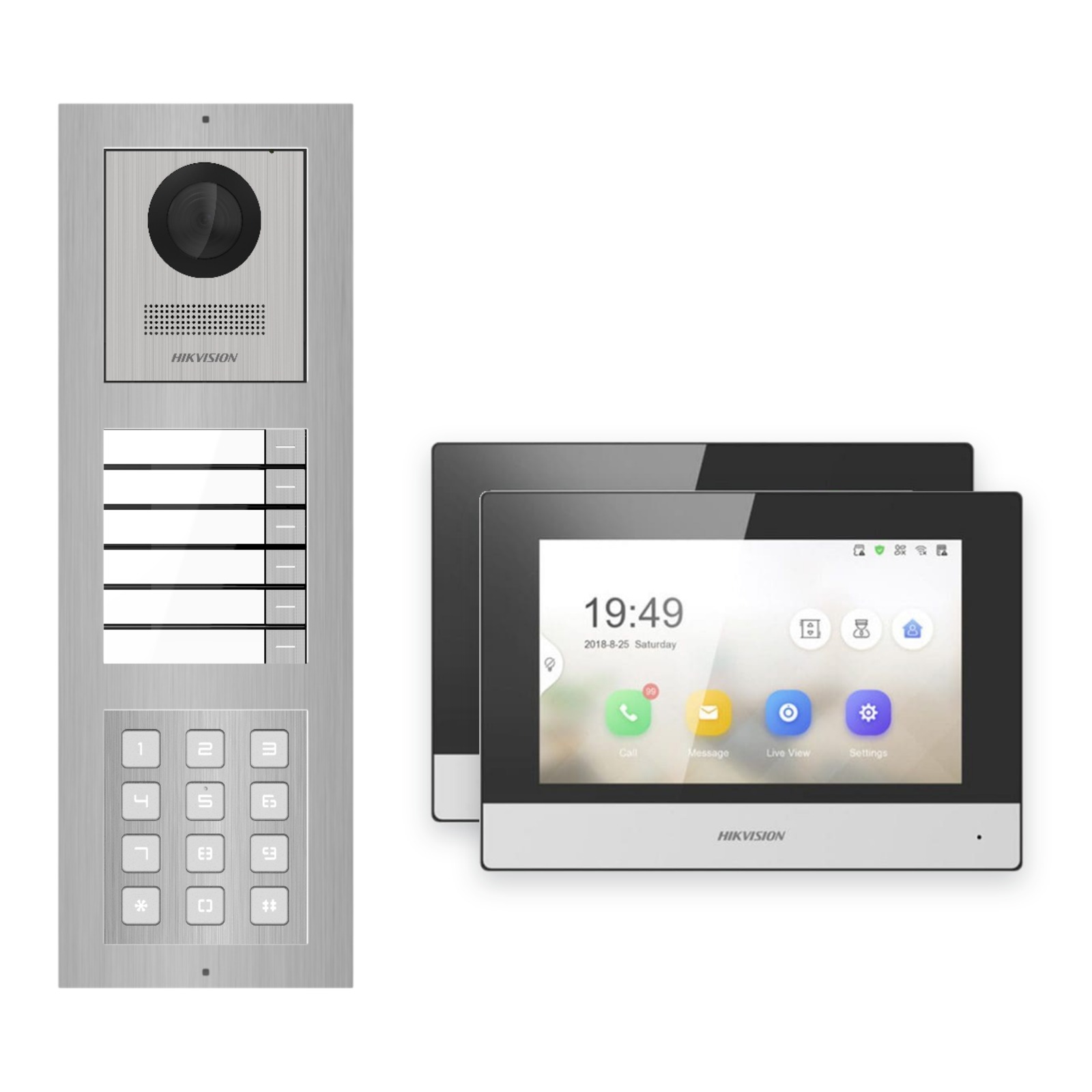 Hikvision 2-Draht-IP Video-Türsprechanlage 2-Familienhaus – Komplett-Set mit Zahlencode, Monitor schwarz – Türstation und Innenstation