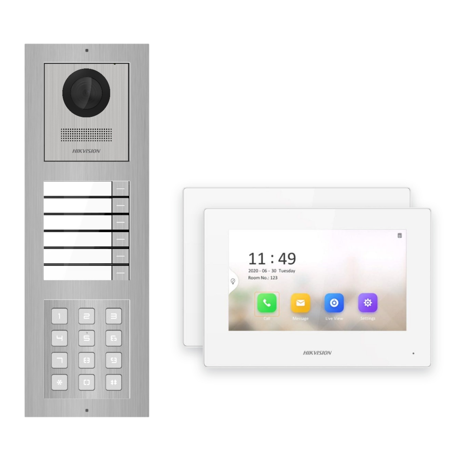 Hikvision 2-Draht-IP Video-Türsprechanlage 2-Familienhaus – Komplett-Set mit Zahlencode, Monitor weiss – Türstation und Innenstation