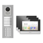 Hikvision 2-Draht-IP Video-Türsprechanlage 3-Familienhaus – Komplett-Set mit Zahlencode, Monitor schwarz – Türstation und Innenstation