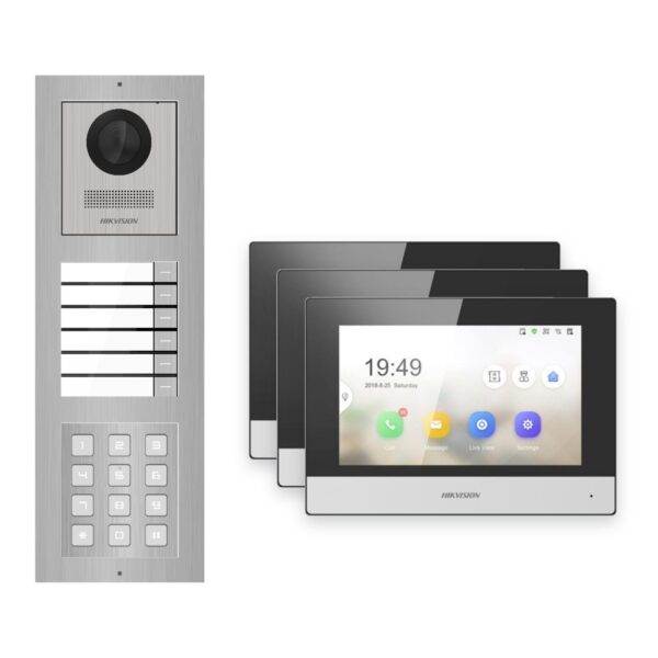 Hikvision 2-Draht-IP Video-Türsprechanlage 3-Familienhaus – Komplett-Set mit Zahlencode, Monitor schwarz – Türstation und Innenstation