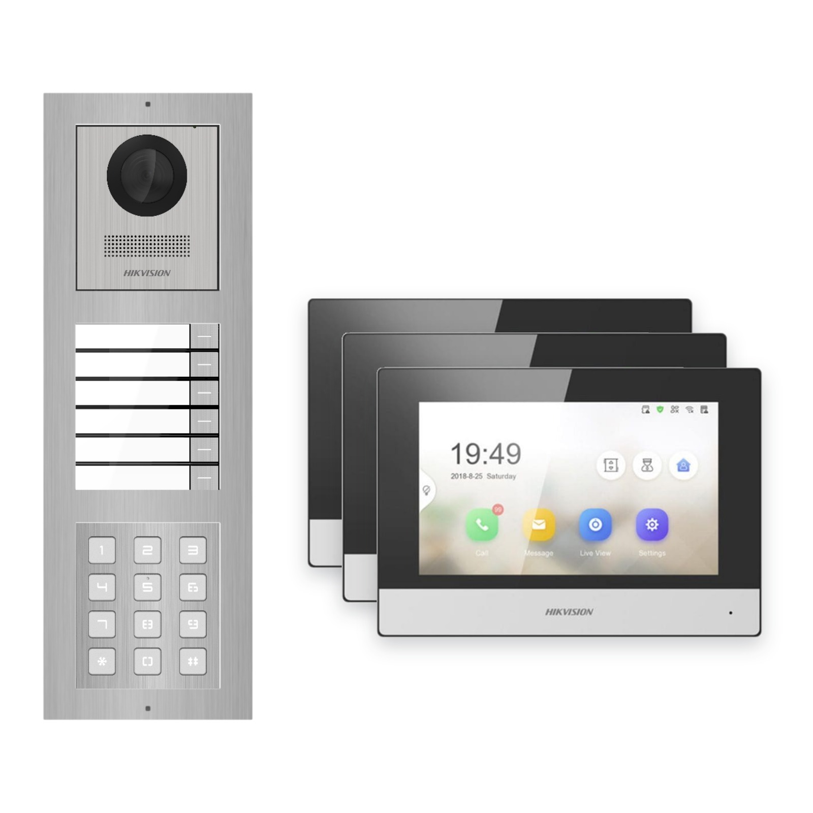 Hikvision 2-Draht-IP Video-Türsprechanlage 3-Familienhaus – Komplett-Set mit Zahlencode, Monitor schwarz – Türstation und Innenstation