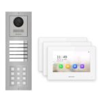 Hikvision 2-Draht-IP Video-Türsprechanlage 3-Familienhaus – Komplett-Set mit Zahlencode, Monitor weiss – Türstation und Innenstation