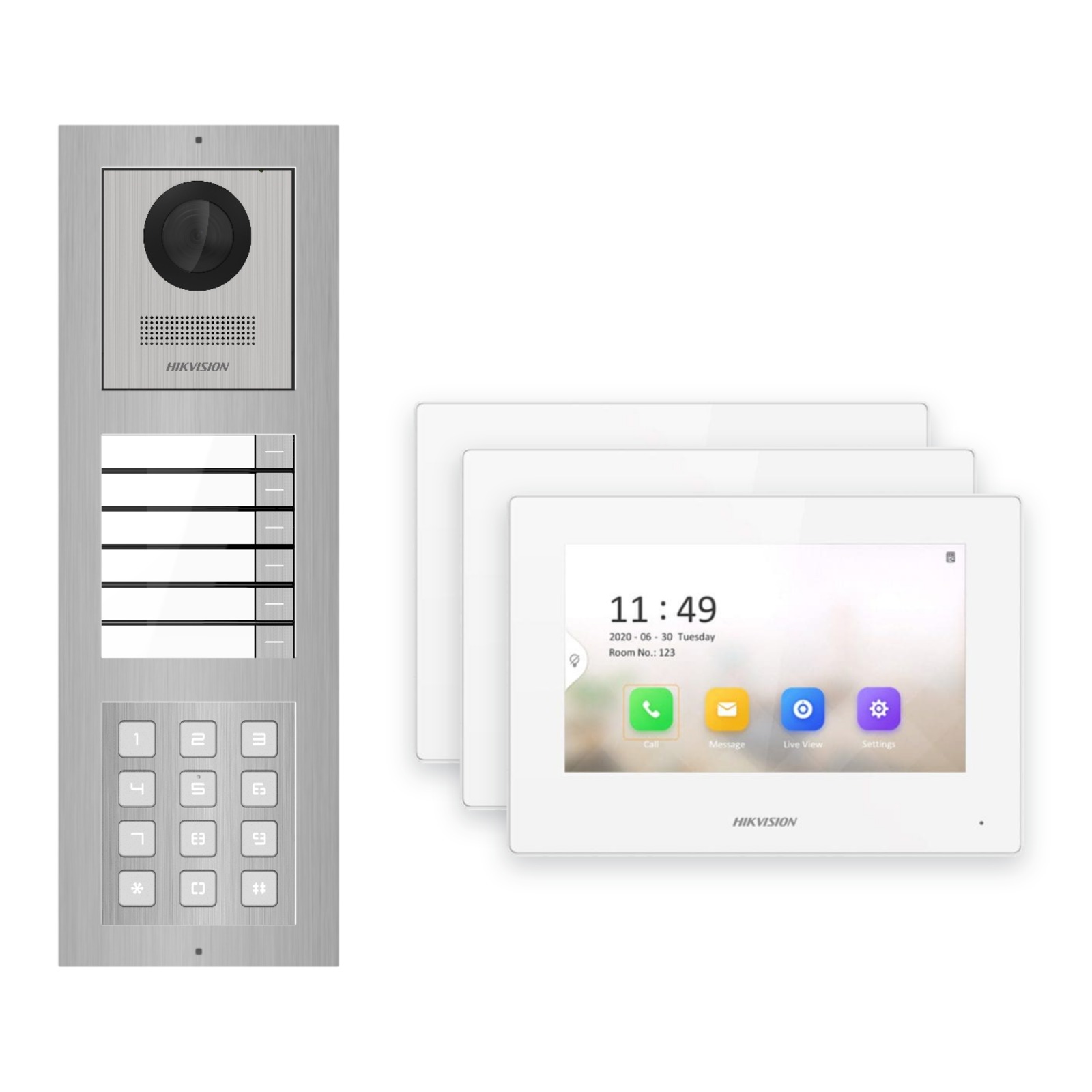 Hikvision 2-Draht-IP Video-Türsprechanlage 3-Familienhaus – Komplett-Set mit Zahlencode, Monitor weiss – Türstation und Innenstation