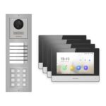 Hikvision 2-Draht-IP Video-Türsprechanlage 4-Familienhaus – Komplett-Set mit Zahlencode, Monitor schwarz – Türstation und Innenstation