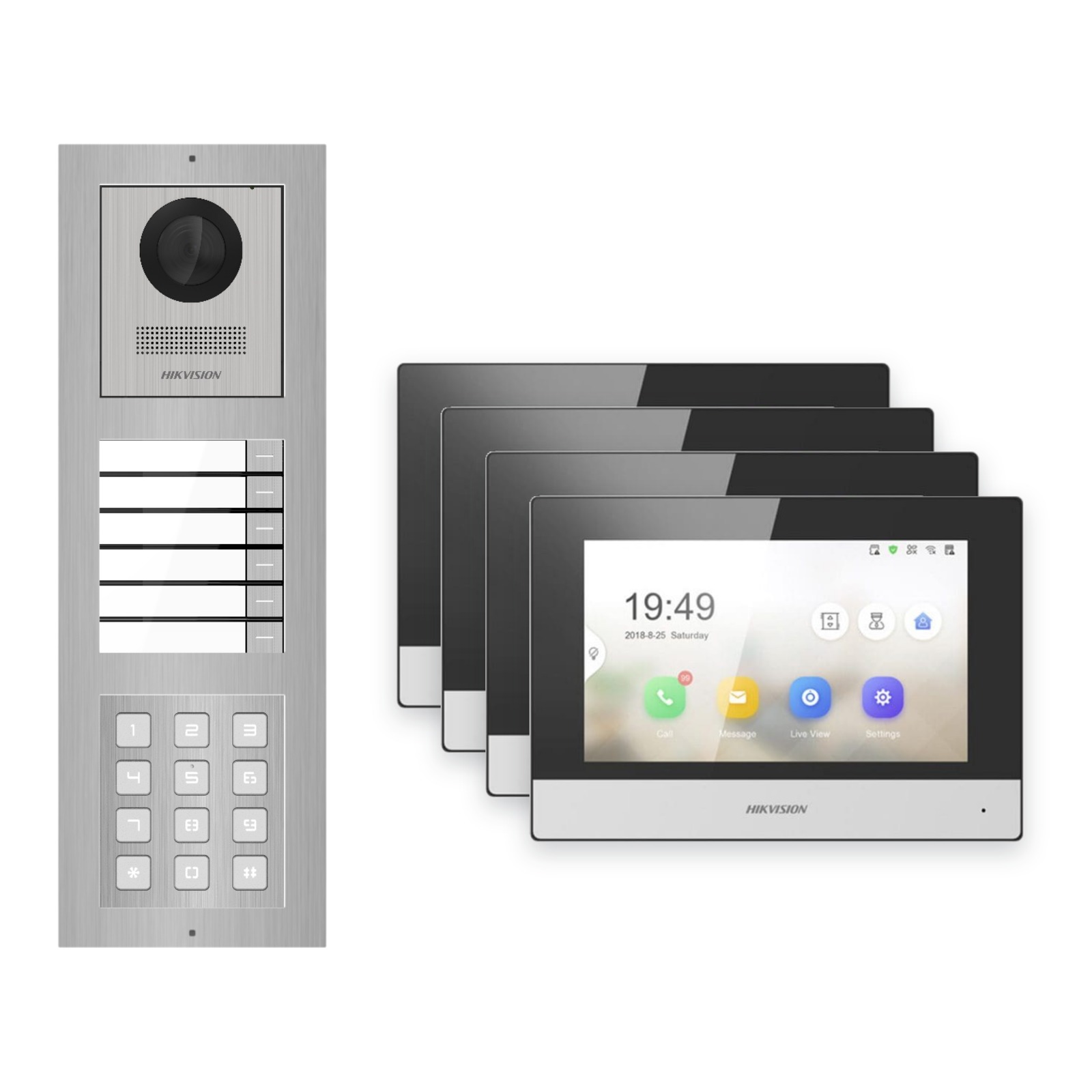 Hikvision 2-Draht-IP Video-Türsprechanlage 4-Familienhaus – Komplett-Set mit Zahlencode, Monitor schwarz – Türstation und Innenstation