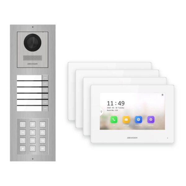 Hikvision 2-Draht-IP Video-Türsprechanlage 4-Familienhaus – Komplett-Set mit Zahlencode, Monitor weiss – Türstation und Innenstation