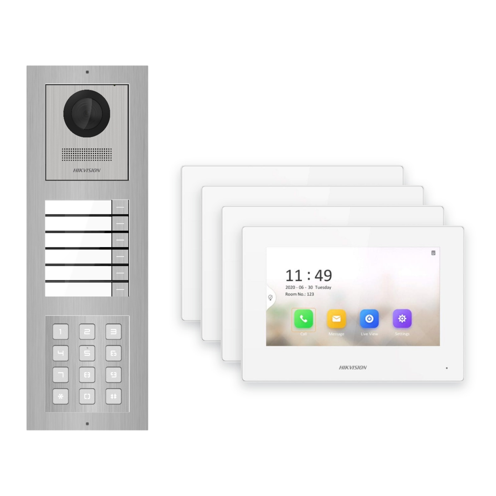 Hikvision 2-Draht-IP Video-Türsprechanlage 4-Familienhaus – Komplett-Set mit Zahlencode, Monitor weiss – Türstation und Innenstation