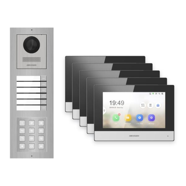 Hikvision 2-Draht-IP Video-Türsprechanlage 5-Familienhaus – Komplett-Set mit Zahlencode, Monitor schwarz – Türstation und Innenstation