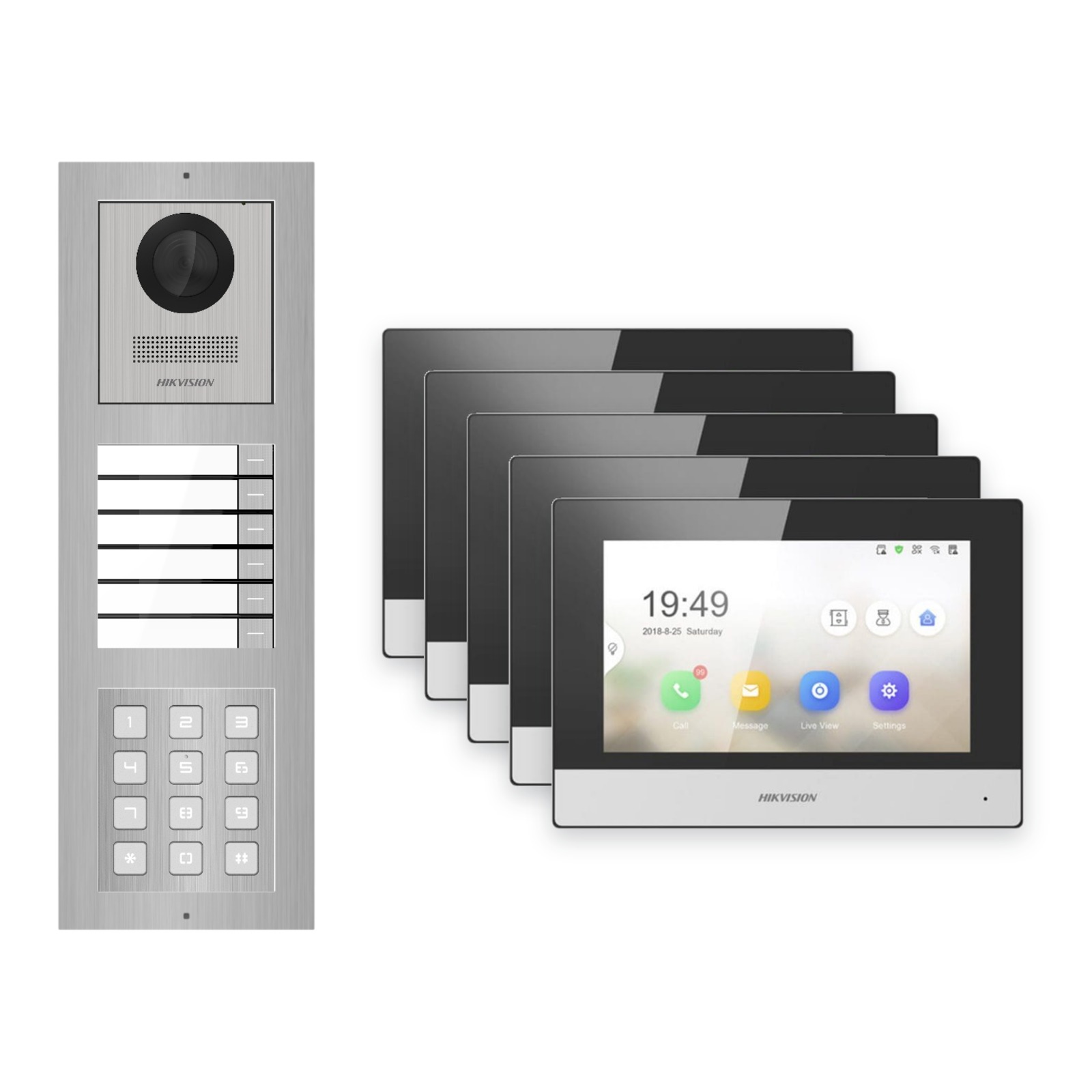 Hikvision 2-Draht-IP Video-Türsprechanlage 5-Familienhaus – Komplett-Set mit Zahlencode, Monitor schwarz – Türstation und Innenstation