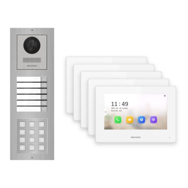 Hikvision 2-Draht-IP Video-Türsprechanlage 5-Familienhaus – Komplett-Set mit Zahlencode, Monitor weiss – Türstation und Innenstation