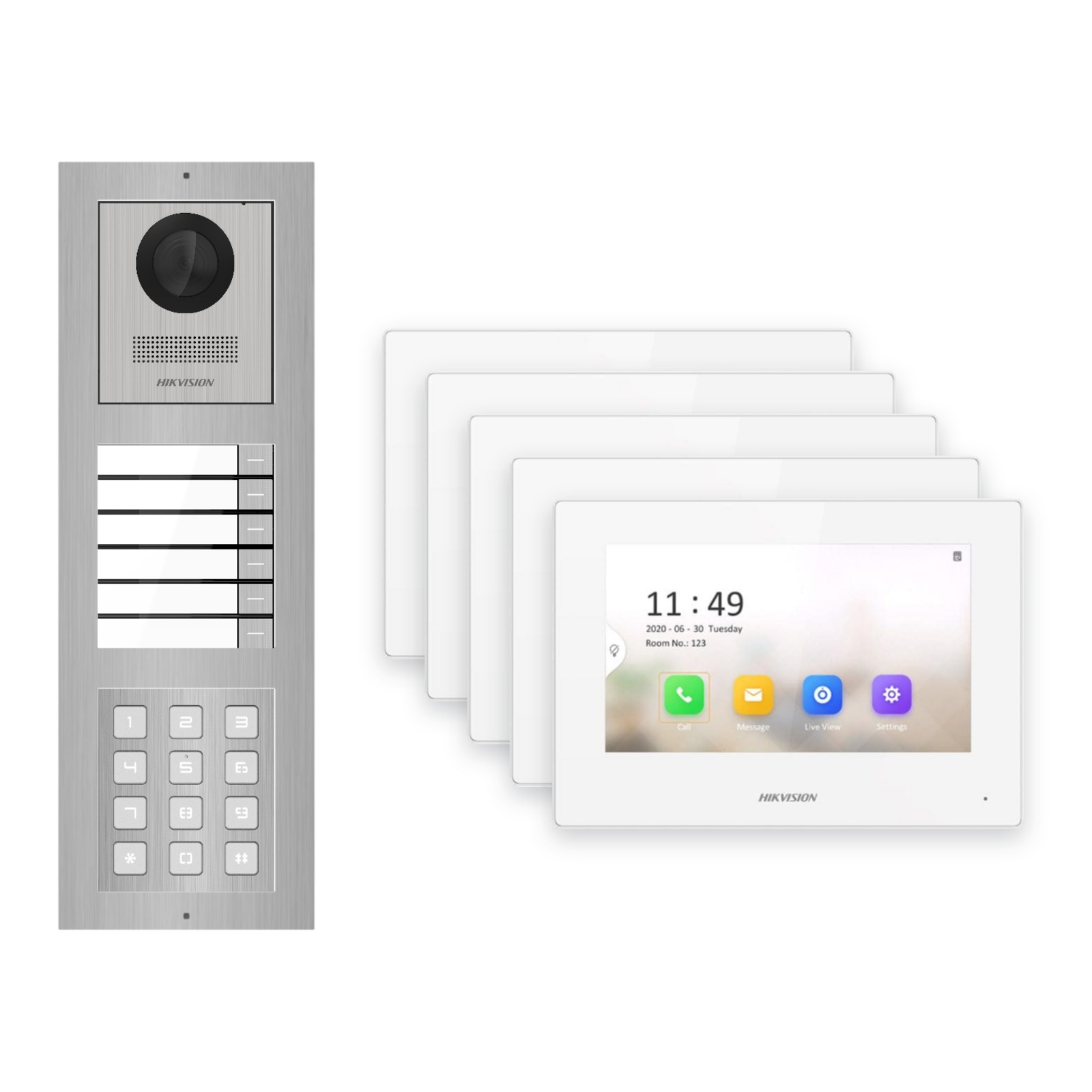 Hikvision 2-Draht-IP Video-Türsprechanlage 5-Familienhaus – Komplett-Set mit Zahlencode, Monitor weiss – Türstation und Innenstation