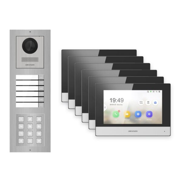 Hikvision 2-Draht-IP Video-Türsprechanlage 6-Familienhaus – Komplett-Set mit Zahlencode, Monitor schwarz – Türstation und Innenstation