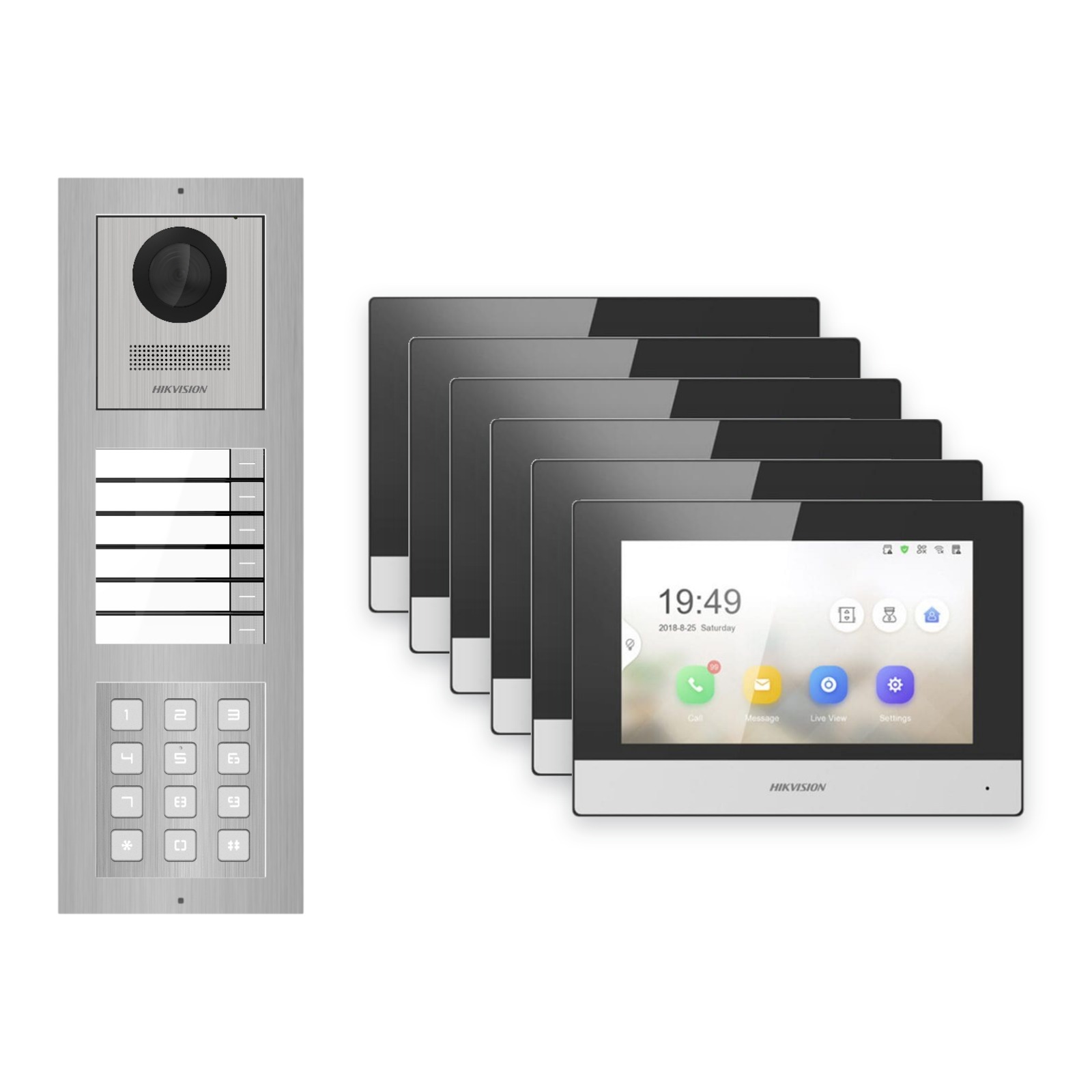 Hikvision 2-Draht-IP Video-Türsprechanlage 6-Familienhaus – Komplett-Set mit Zahlencode, Monitor schwarz – Türstation und Innenstation