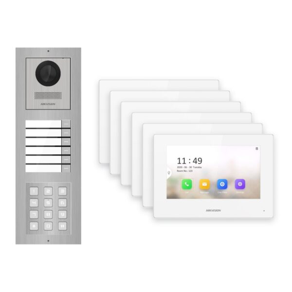Hikvision 2-Draht-IP Video-Türsprechanlage 6-Familienhaus – Komplett-Set mit Zahlencode, Monitor weiss – Türstation und Innenstation