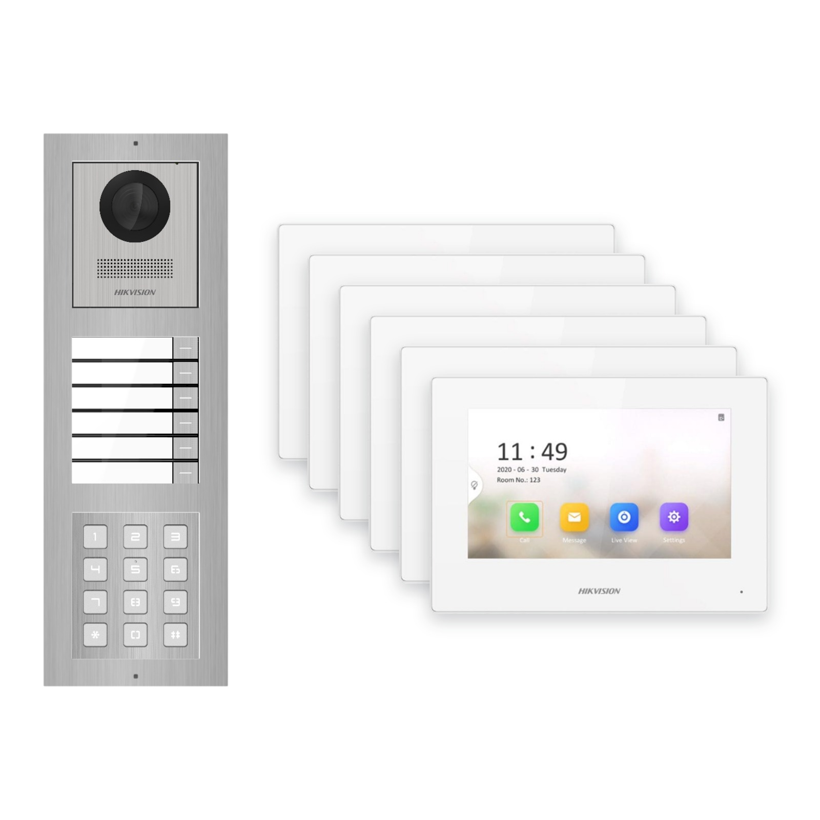 Hikvision 2-Draht-IP Video-Türsprechanlage 6-Familienhaus – Komplett-Set mit Zahlencode, Monitor weiss – Türstation und Innenstation