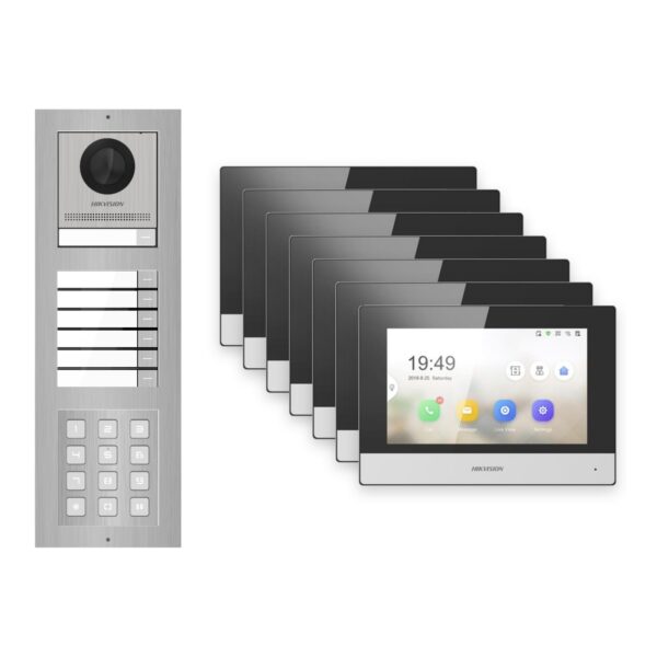 Hikvision 2-Draht-IP Video-Türsprechanlage 7-Familienhaus – Komplett-Set mit Zahlencode, Monitor schwarz – Türstation und Innenstation