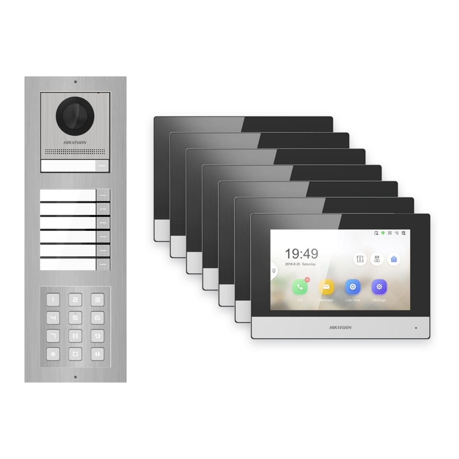 Hikvision 2-Draht-IP Video-Türsprechanlage 7-Familienhaus – Komplett-Set mit Zahlencode, Monitor schwarz – Türstation und Innenstation