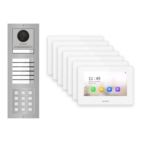 Hikvision 2-Draht-IP Video-Türsprechanlage 7-Familienhaus – Komplett-Set mit Zahlencode, Monitor weiss – Türstation und Innenstation