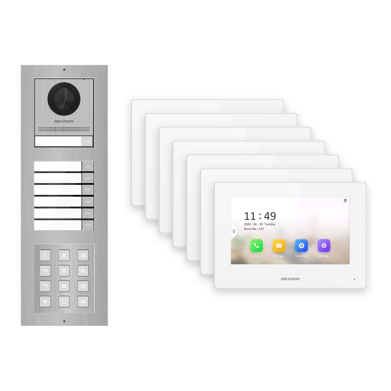 Hikvision 2-Draht-IP Video-Türsprechanlage 7-Familienhaus – Komplett-Set mit Zahlencode, Monitor weiss – Türstation und Innenstation