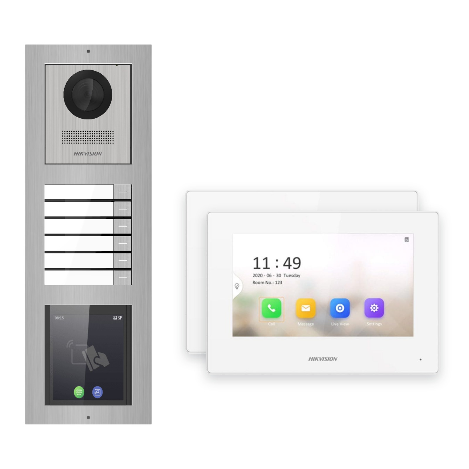 Hikvision 2-Draht-IP Video-Türsprechanlage 2-Familienhaus – Komplett-Set mit Touch-Display, Monitor weiss – Türstation und Innenstation