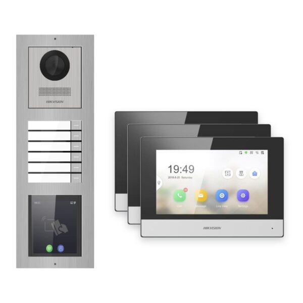 Hikvision 2-Draht-IP Video-Türsprechanlage 3-Familienhaus – Komplett-Set mit Touch-Display, Monitor schwarz – Türstation und Innenstation