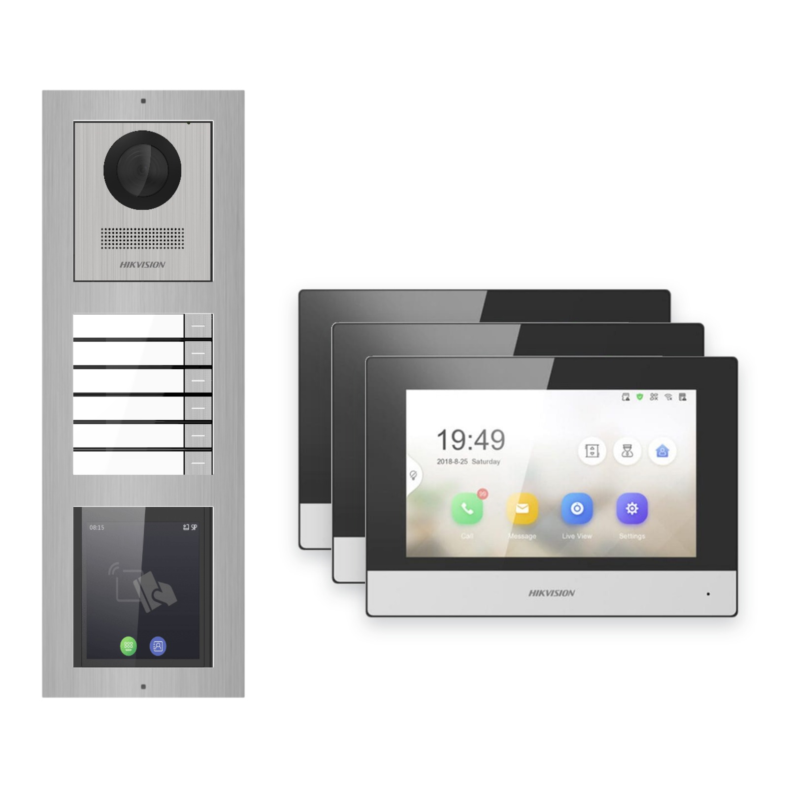 Hikvision 2-Draht-IP Video-Türsprechanlage 3-Familienhaus – Komplett-Set mit Touch-Display, Monitor schwarz – Türstation und Innenstation