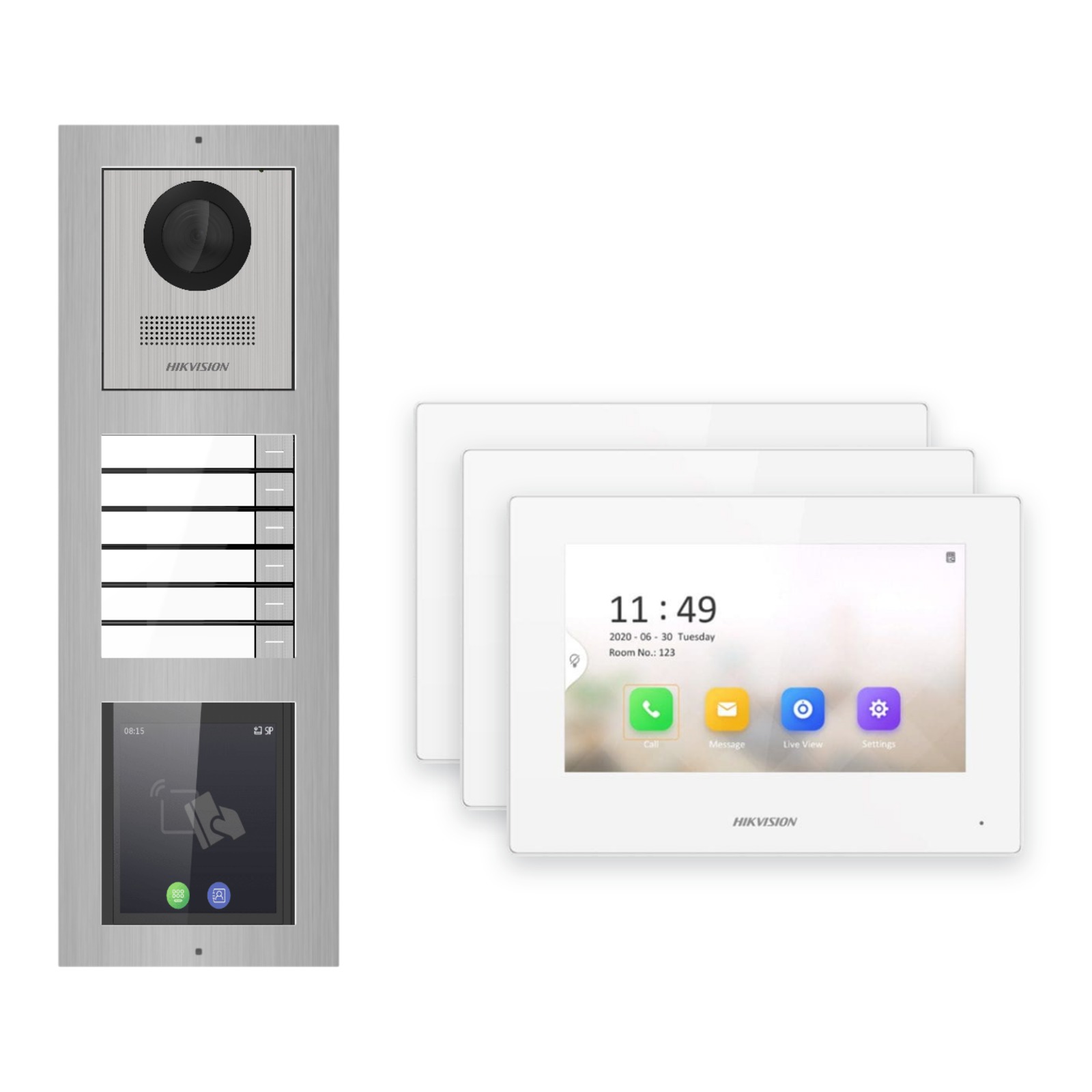 Hikvision 2-Draht-IP Video-Türsprechanlage 3-Familienhaus – Komplett-Set mit Touch-Display, Monitor weiss – Türstation und Innenstation